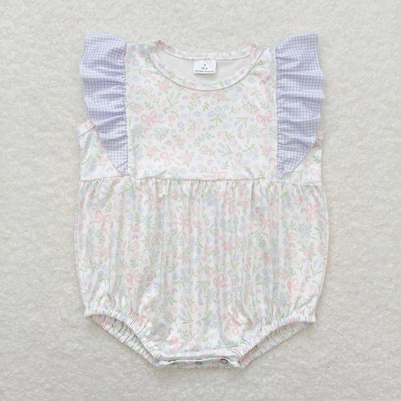 Floral Bow Plaid Ruffles Girls Summer Romper