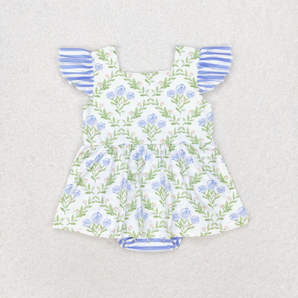 Floral Leaves Blue Stripe Girls Summer Romper