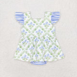 Floral Leaves Blue Stripe Girls Summer Romper