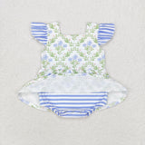 Floral Leaves Blue Stripe Girls Summer Romper