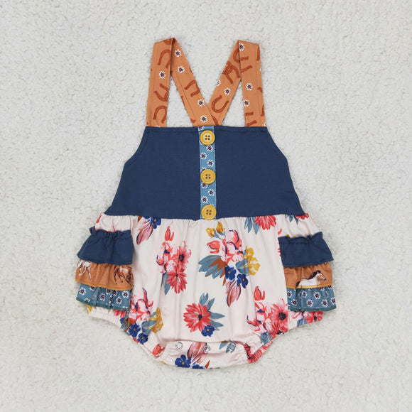 Floral Horse Brown Navy Girls Summer Romper