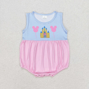 Cartoon Balloon Castle Pink Blue Stripe Girls Summer Romper