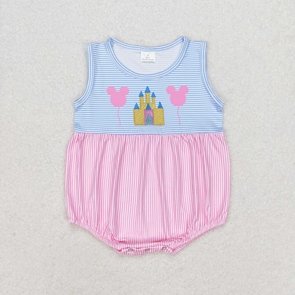 Cartoon Balloon Castle Pink Blue Stripe Girls Summer Romper