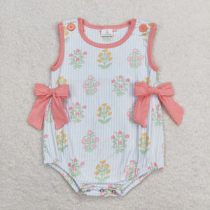 Floral Stripe Pink Bows Girls Summer Romper