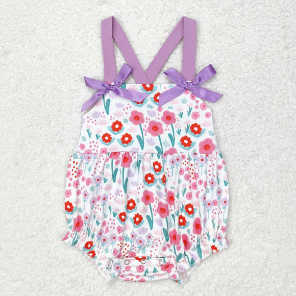 Floral Purple Bows Ruffles Girls Summer Romper