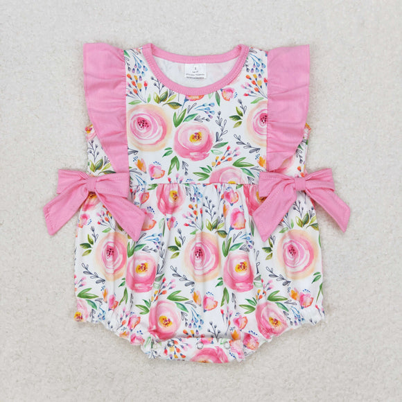 Floral Pink Ruffles Bows Girls Summer Romper