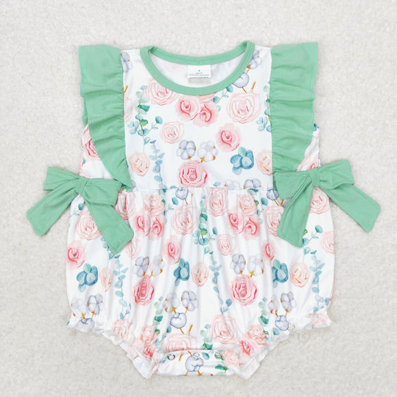 Cotton Floral Green Bows Ruffles Girls Summer Romper