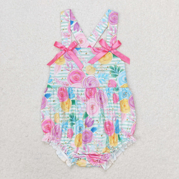 Floral Stripe Pink Bows Girls Summer Romper