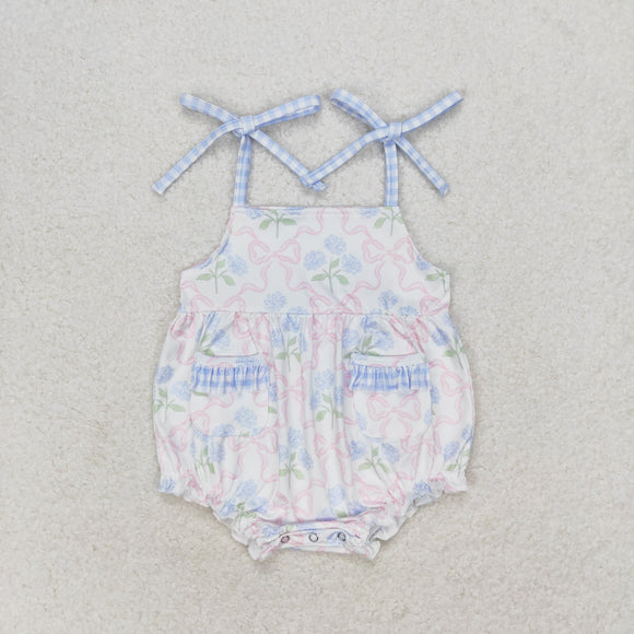 Floral Bow Pattern Plaid Ruffles Pockets Girls Summer Romper