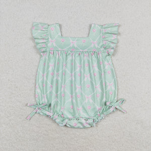 Floral Bow Pattern Green Girls Summer Romper