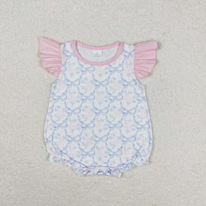 Bow Floral Pattern Pink Ruffles Girls Summer Romper