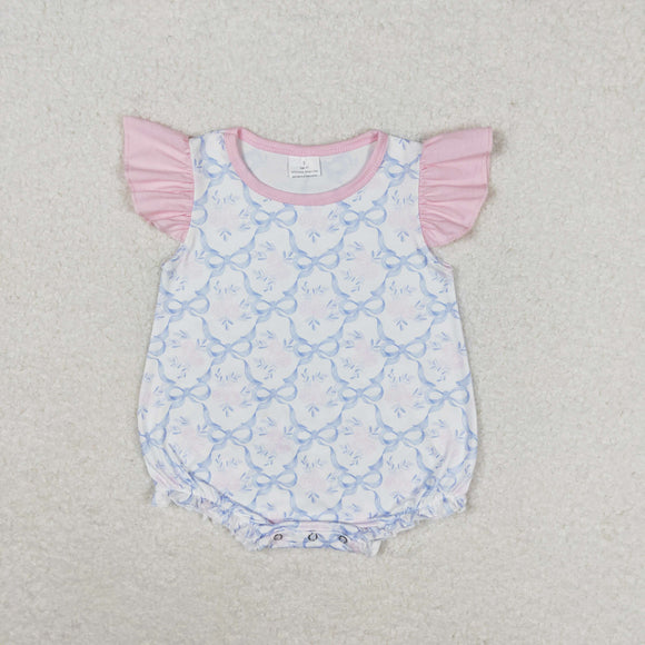 Bow Floral Pattern Pink Ruffles Girls Summer Romper