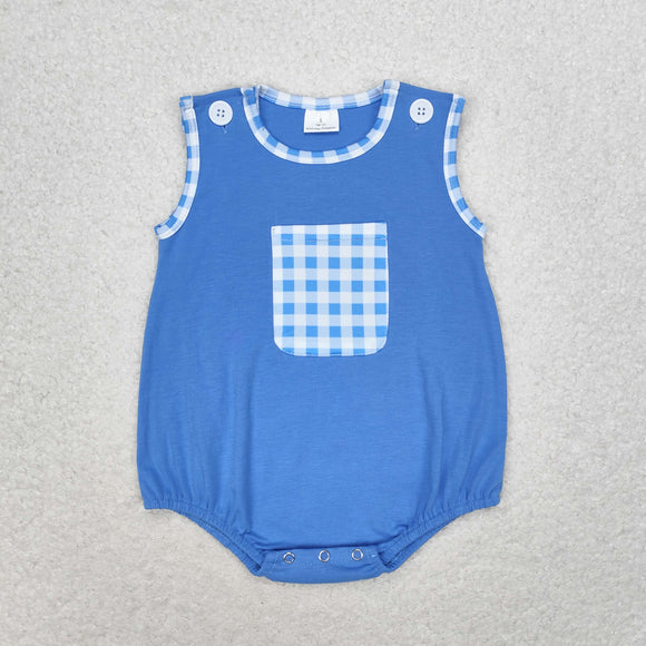 Plaid Pocket Blue Boys 4th of July Romper