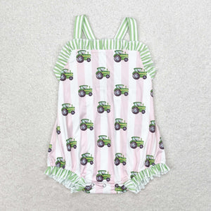 Tractor Pink Green Stripe Ruffles Girls Summer Romper