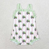 Tractor Pink Green Stripe Ruffles Girls Summer Romper