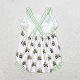 Tractor Pink Green Stripe Ruffles Girls Summer Romper