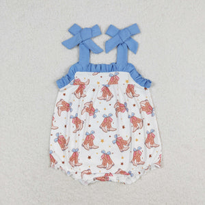 Stars Bow Boots Blue Ruffles Girls 4th of July Romper