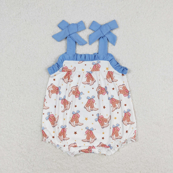 Stars Bow Boots Blue Ruffles Girls 4th of July Romper