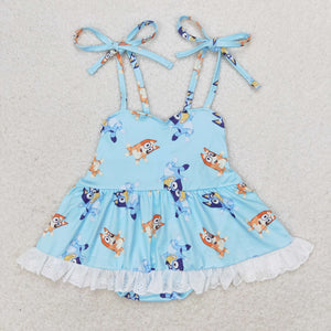 Cartoon Dogs Lace Ruffles Blue Girls Summer Romper