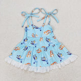 Cartoon Dogs Lace Ruffles Blue Girls Summer Romper