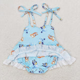 Cartoon Dogs Lace Ruffles Blue Girls Summer Romper