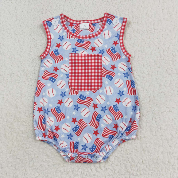 Baseball Flag Stars Red Plaid Pocket Boys 4th of July Romper