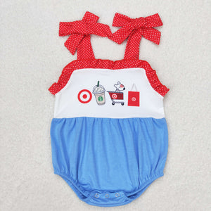 Cartoon Shopping Cart Dog Red Blue Girls Summer Romper