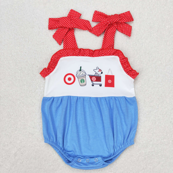 Cartoon Shopping Cart Dog Red Blue Girls Summer Romper