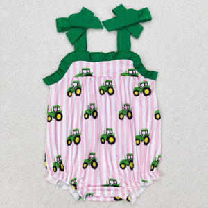 Tractor Pink Stripe Green Ruffles Girls Summer Romper