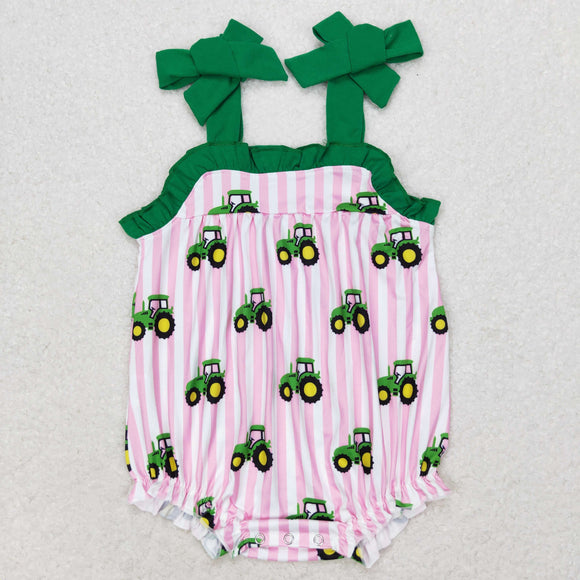 Tractor Pink Stripe Green Ruffles Girls Summer Romper