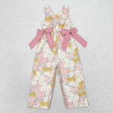 Yellow Floral Pink Bows Girls Jumpsuit