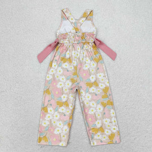 Yellow Floral Pink Bows Girls Jumpsuit