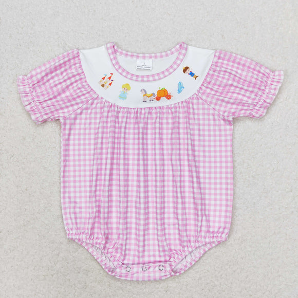 Cartoon Castle Princess Pumpkin Pink Plaid Girls Summer Romper