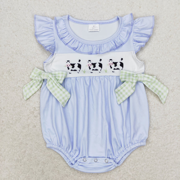 Cow Green Plaid Bows Blue Girls Summer Romper