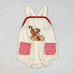 Cartoon Bear Yellow Red Plaid Pockets Boys Summer Romper