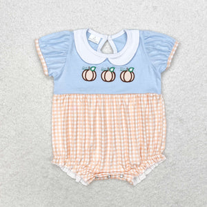 Three Pumpkins Orange Plaid Blue Girls Summer Romper