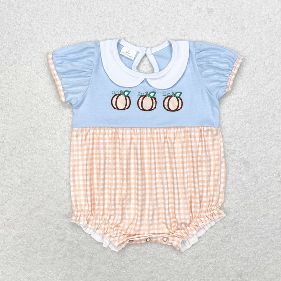 Three Pumpkins Orange Plaid Blue Girls Summer Romper