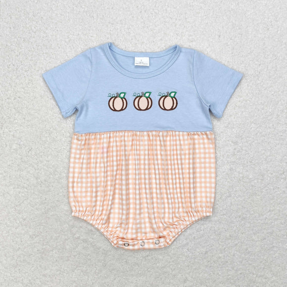 Three Pumpkins Orange Plaid Blue Boys Summer Romper