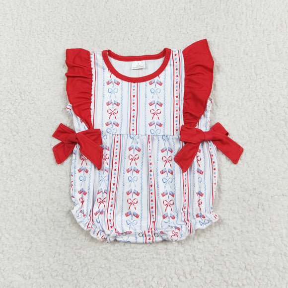 Flag Bow Pattern Red Ruffles Girls 4th of July Romper