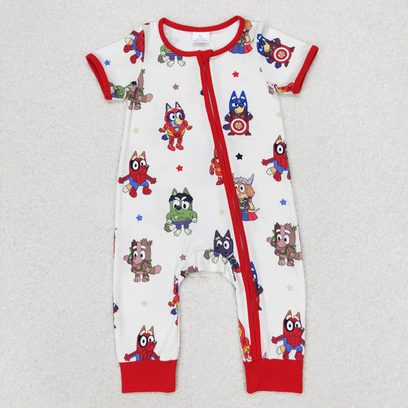 Cartoon Dog Hero Red Beige Boys Summer Romper