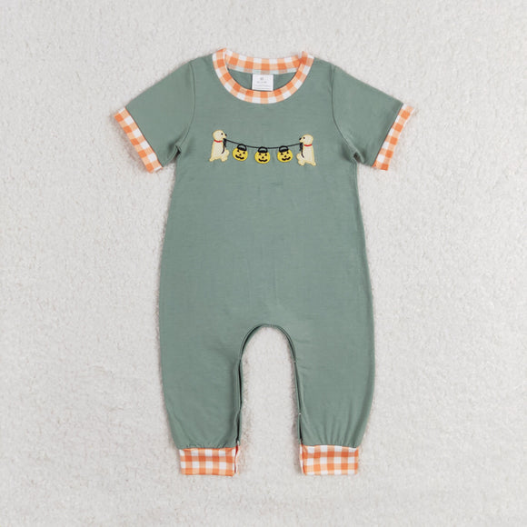 Pumpkin Dog Orange Plaid Green Boys Halloween Romper