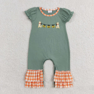 Pumpkin Dog Orange Plaid Green Girls Halloween Romper