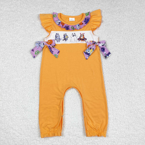 Cartoon Dogs Purple Bows Orange Girls Halloween Romper