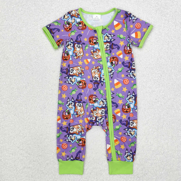 Cartoon Dogs Green Purple Boys Halloween Romper