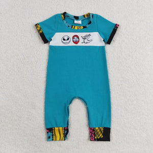 Cartoon Patchwork Blue Boys Halloween Romper