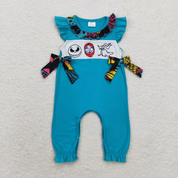 Cartoon Patchwork Blue Girls Halloween Romper