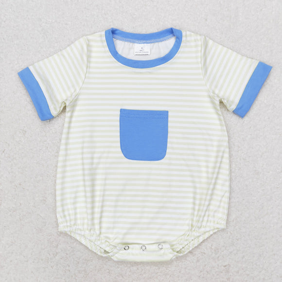 Light Green Stripe Pocket Blue Boys Summer Romper