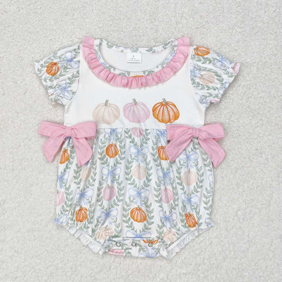 Pumpkin Leaves Bow Pink Ruffles White Girls Summer Romper