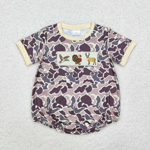 02 Duck Turkey Deer Camo Beige Boys Thanksgiving Romper