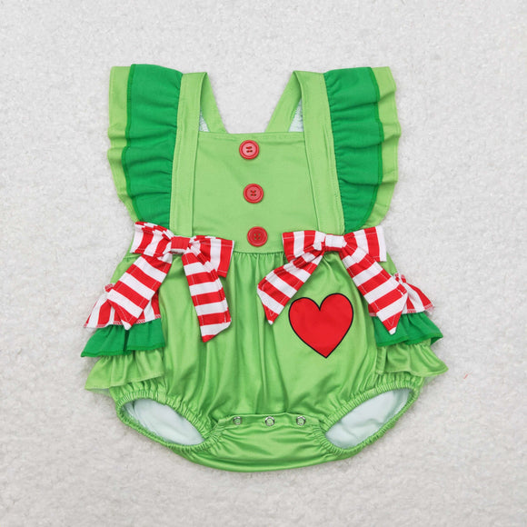 Cartoon Heart Red Stripe Bows Green Girls Christmas Romper